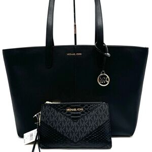 Michael Kors Medium Jet Set Travel Zip Tote Bag & Double Zip Wallet Black/Gold